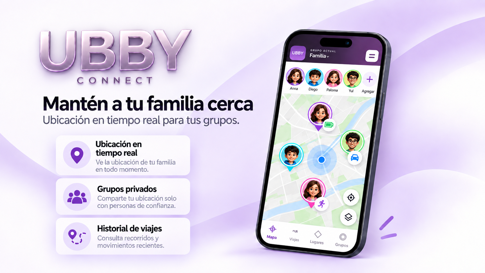 Funciones principales de UBBY: ubicación en tiempo real, grupos privados e historial de viajes